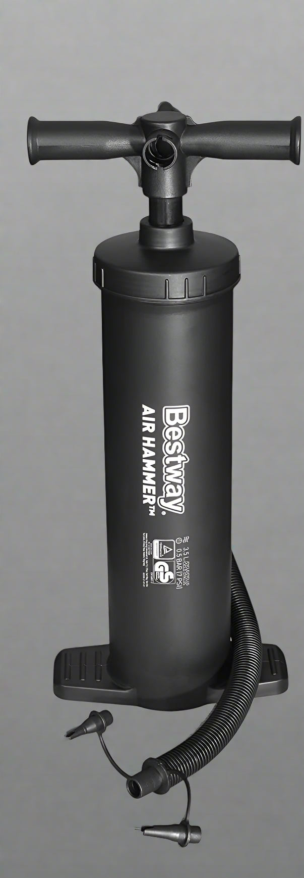 Bestway Air Hammer Hand Pump front view

Double action air pump for pool floats

Bestway manual air pump model 62030

Portable hand pump with hose for inflatables

Compact air pump for camping and pool gear