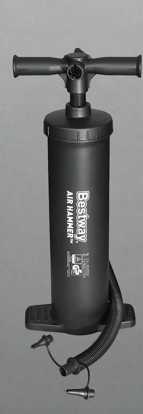 Bestway Air Hammer Hand Pump front view

Double action air pump for pool floats

Bestway manual air pump model 62030

Portable hand pump with hose for inflatables

Compact air pump for camping and pool gear