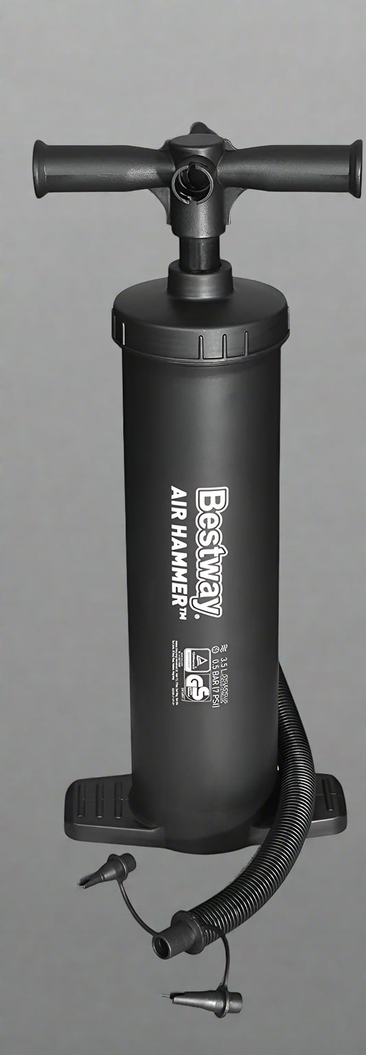 Bestway Air Hammer Hand Pump front view

Double action air pump for pool floats

Bestway manual air pump model 62030

Portable hand pump with hose for inflatables

Compact air pump for camping and pool gear