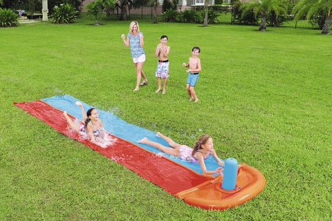 Bestway double lane water splash slide
18ft long dragstrip inflatable slide
Kids' backyard racing water slide
Bestway slide with ha ose sprayer feature