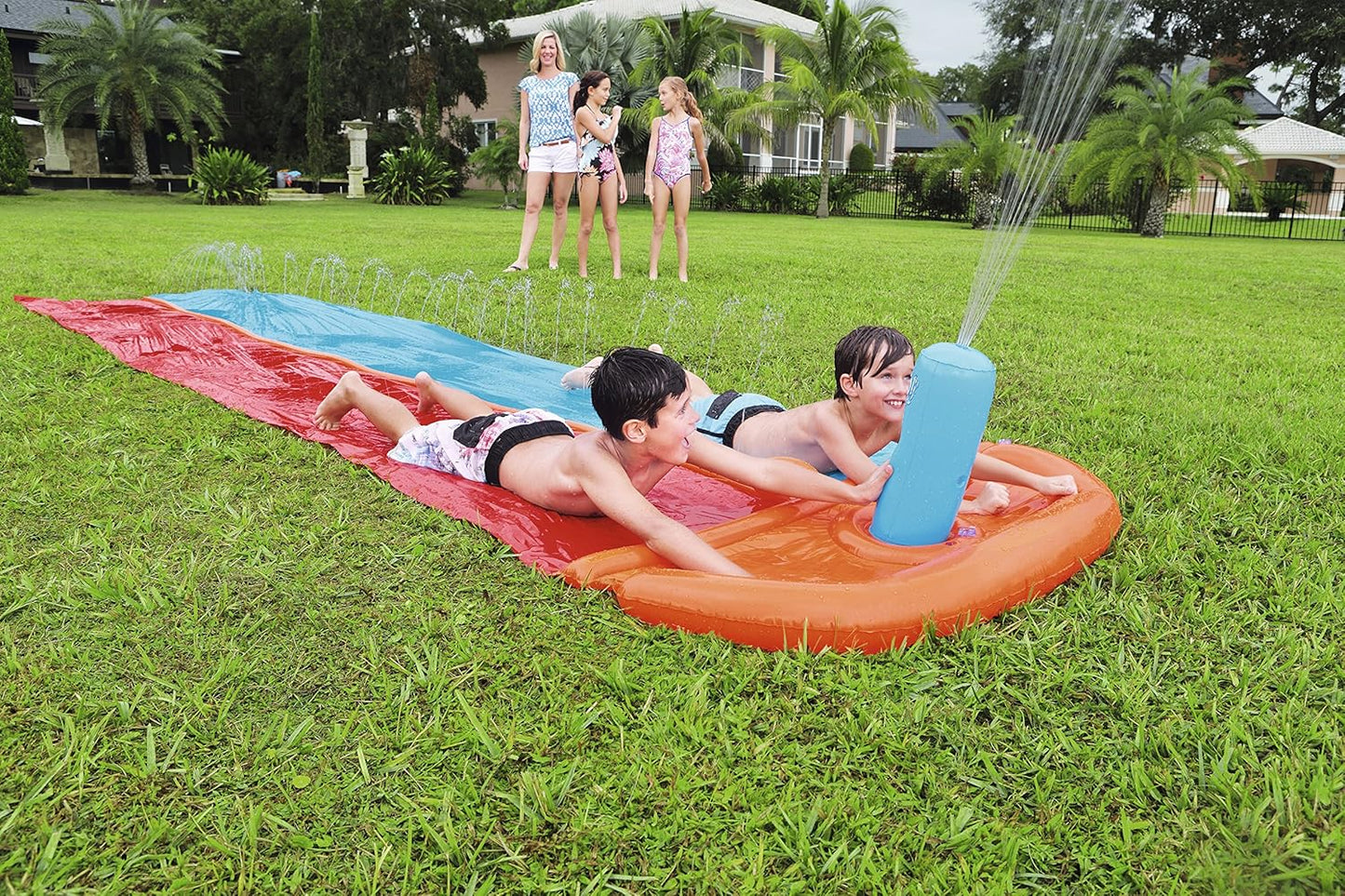 Bestway double lane water splash slide
18ft long dragstrip inflatable slide
Kids' backyard racing water slide
Bestway slide with ha ose sprayer feature