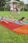 Bestway double lane water splash slide
18ft long dragstrip inflatable slide
Kids' backyard racing water slide
Bestway slide with ha ose sprayer feature