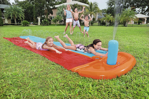 Bestway double lane water splash slide
18ft long dragstrip inflatable slide
Kids' backyard racing water slide
Bestway slide with ha ose sprayer feature
