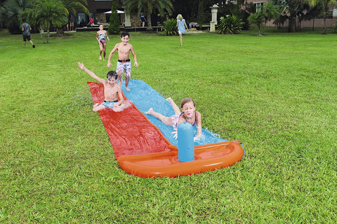 Bestway double lane water splash slide
18ft long dragstrip inflatable slide
Kids' backyard racing water slide
Bestway slide with ha ose sprayer feature