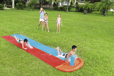 Bestway double lane water splash slide
18ft long dragstrip inflatable slide
Kids' backyard racing water slide
Bestway slide with ha ose sprayer feature