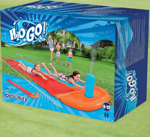 Bestway double lane water splash slide
18ft long dragstrip inflatable slide
Kids' backyard racing water slide
Bestway slide with ha ose sprayer feature