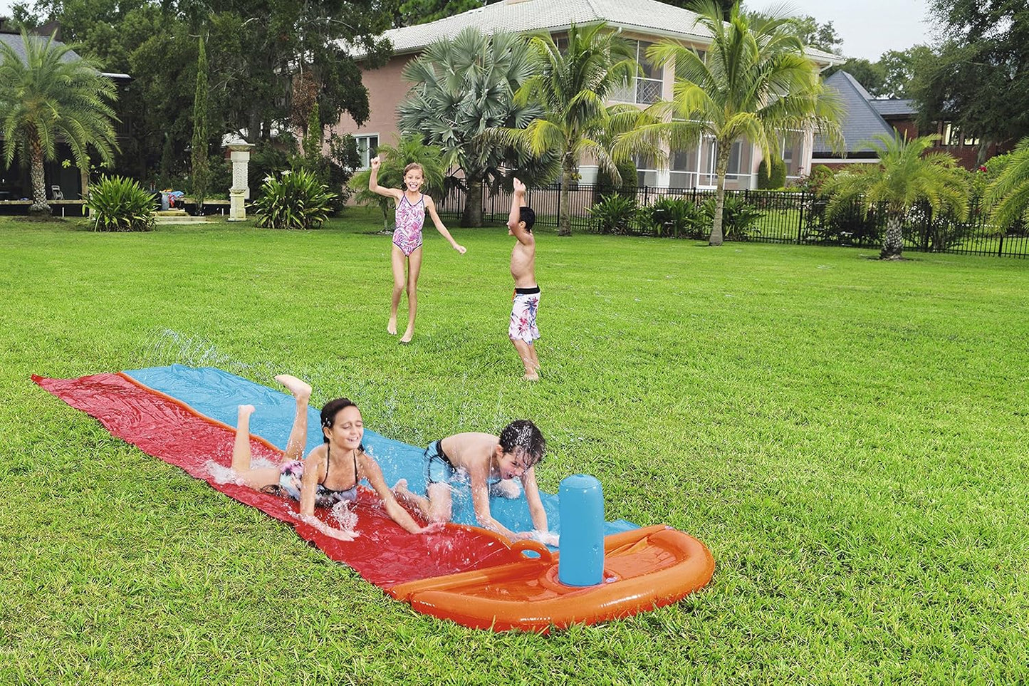 Bestway double lane water splash slide
18ft long dragstrip inflatable slide
Kids' backyard racing water slide
Bestway slide with ha ose sprayer feature