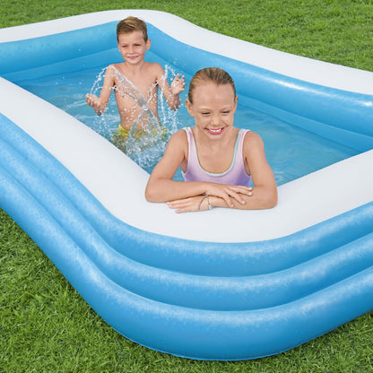 Bestway 54009 inflatable paddling pool with kids
Top view of family in Bestway 10ft blue pool
Bestway family pool in outdoor garden setup
Spacious inflatable pool for backyard fun
Bestway 54009 kids pool with drain valve