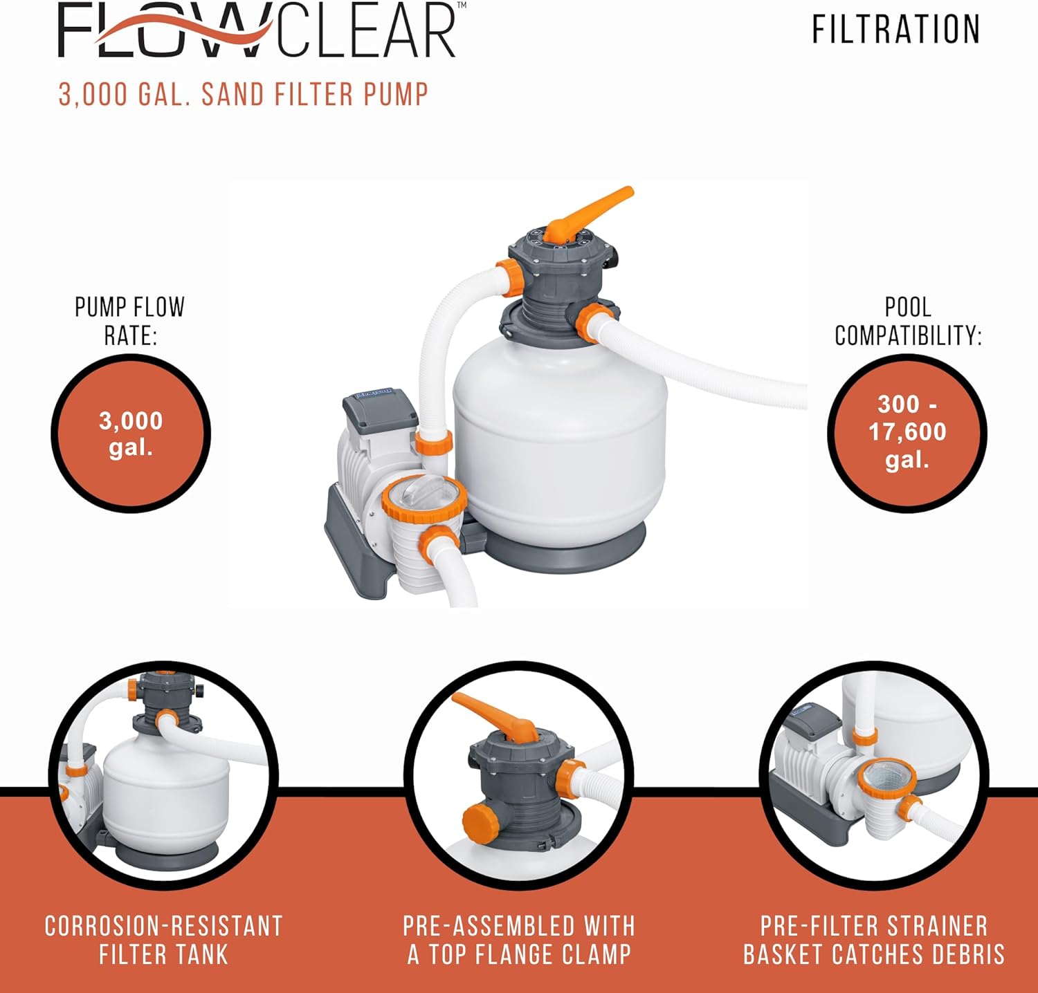 “Bestway Flowclear Sand Filter Pool Pump with Hoses – 3000 GPH”

“Above-ground pool sand filtration system by Bestway”

“Model 58500 sand filter with pressure gauge”

“Flowclear 2200 GPH pump system for pools”

“6-position valve Bestway sand filter system”