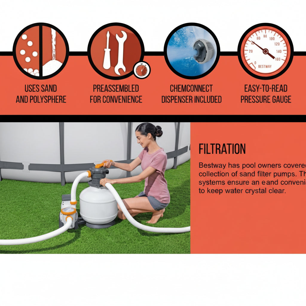 “Bestway Flowclear Sand Filter Pool Pump with Hoses – 3000 GPH”

“Above-ground pool sand filtration system by Bestway”

“Model 58500 sand filter with pressure gauge”

“Flowclear 2200 GPH pump system for pools”

“6-position valve Bestway sand filter system”