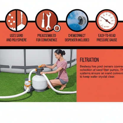 “Bestway Flowclear Sand Filter Pool Pump with Hoses – 3000 GPH”

“Above-ground pool sand filtration system by Bestway”

“Model 58500 sand filter with pressure gauge”

“Flowclear 2200 GPH pump system for pools”

“6-position valve Bestway sand filter system”