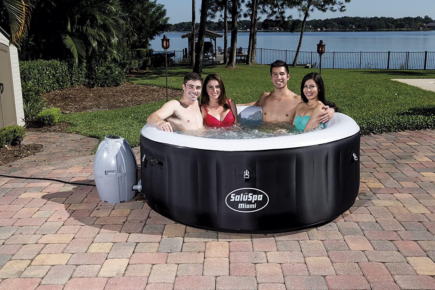 Bestway Miami Inflatable Spa – 4 person setup
Interior view of 4-person Bestway hot tub
User relaxing in Bestway Miami inflatable hot tub
Digital control panel of Bestway spa 3182021
Top-down view of Bestway 3182021 bubble spa