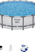 Bestway 20FT round above ground pool full set with ladder

Close-up of rust-resistant steel frame pool structure

Family swimming in Bestway Steel Pro MAX pool

Included pool ladder and pump equipment

Pool with top cover and summer backyard setting