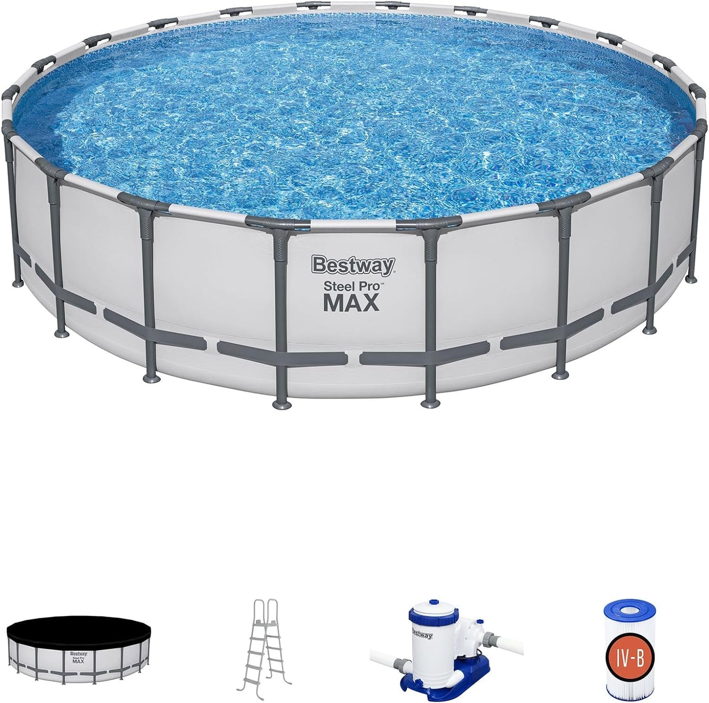 Bestway 20FT round above ground pool full set with ladder

Close-up of rust-resistant steel frame pool structure

Family swimming in Bestway Steel Pro MAX pool

Included pool ladder and pump equipment

Pool with top cover and summer backyard setting