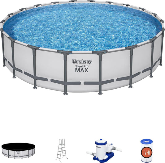 Bestway 20FT round above ground pool full set with ladder

Close-up of rust-resistant steel frame pool structure

Family swimming in Bestway Steel Pro MAX pool

Included pool ladder and pump equipment

Pool with top cover and summer backyard setting
