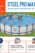Bestway 20FT round above ground pool full set with ladder

Close-up of rust-resistant steel frame pool structure

Family swimming in Bestway Steel Pro MAX pool

Included pool ladder and pump equipment

Pool with top cover and summer backyard setting