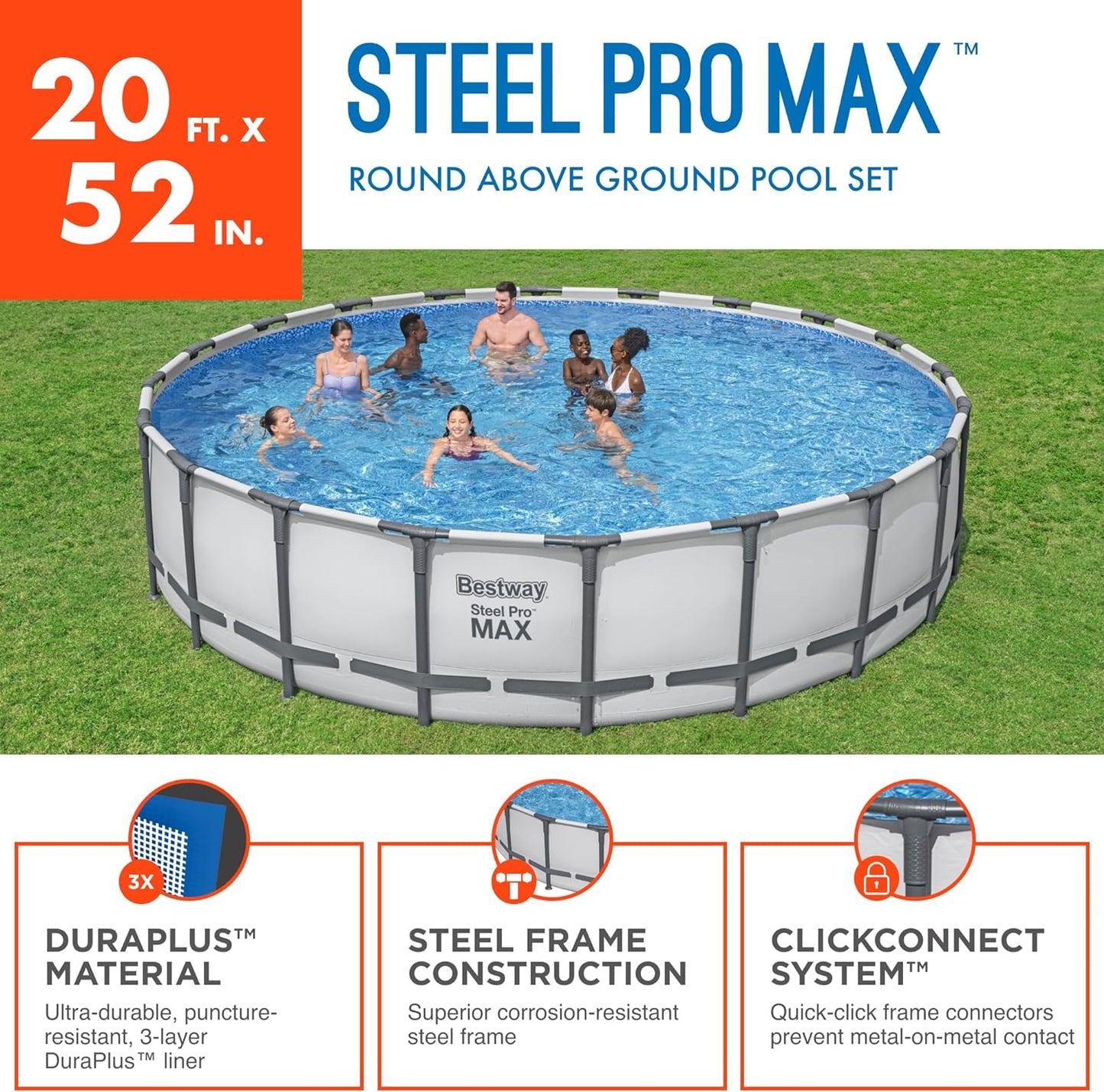 Bestway 20FT round above ground pool full set with ladder

Close-up of rust-resistant steel frame pool structure

Family swimming in Bestway Steel Pro MAX pool

Included pool ladder and pump equipment

Pool with top cover and summer backyard setting