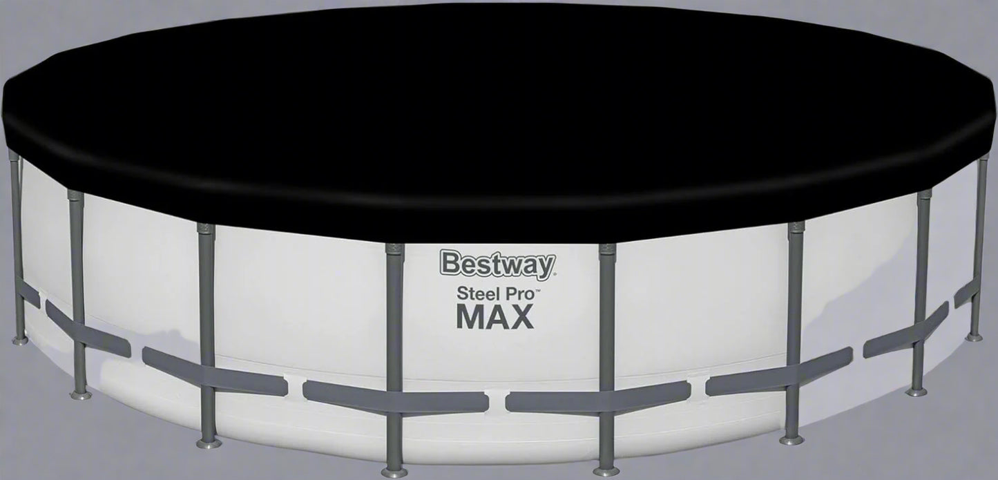 Bestway 20FT round above ground pool full set with ladder

Close-up of rust-resistant steel frame pool structure

Family swimming in Bestway Steel Pro MAX pool

Included pool ladder and pump equipment

Pool with top cover and summer backyard setting