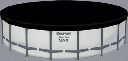 Bestway 20FT round above ground pool full set with ladder

Close-up of rust-resistant steel frame pool structure

Family swimming in Bestway Steel Pro MAX pool

Included pool ladder and pump equipment

Pool with top cover and summer backyard setting