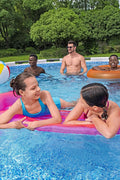 Bestway 20FT round above ground pool full set with ladder

Close-up of rust-resistant steel frame pool structure

Family swimming in Bestway Steel Pro MAX pool

Included pool ladder and pump equipment

Pool with top cover and summer backyard setting