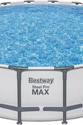 Bestway 20FT round above ground pool full set with ladder

Close-up of rust-resistant steel frame pool structure

Family swimming in Bestway Steel Pro MAX pool

Included pool ladder and pump equipment

Pool with top cover and summer backyard setting