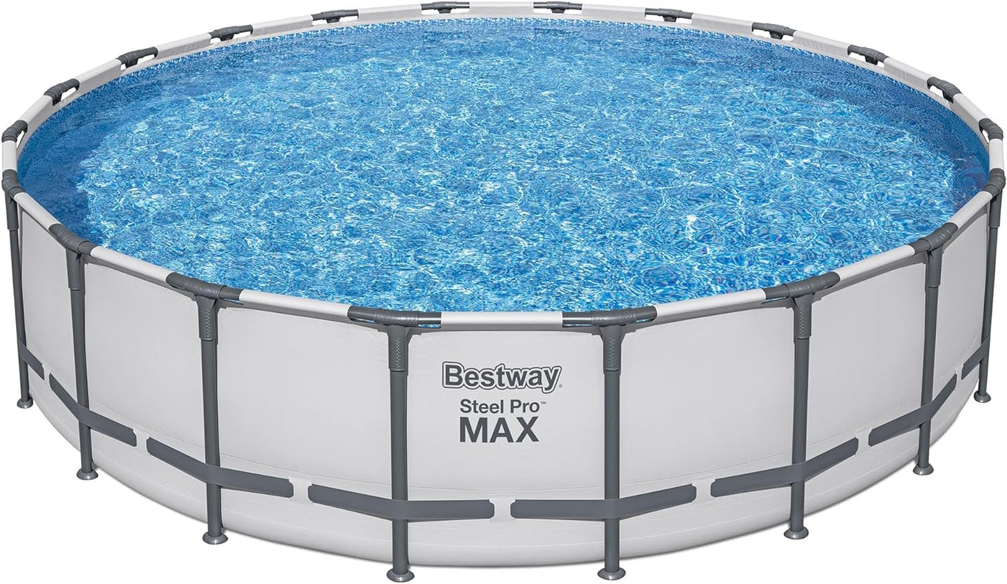 Bestway 20FT round above ground pool full set with ladder

Close-up of rust-resistant steel frame pool structure

Family swimming in Bestway Steel Pro MAX pool

Included pool ladder and pump equipment

Pool with top cover and summer backyard setting