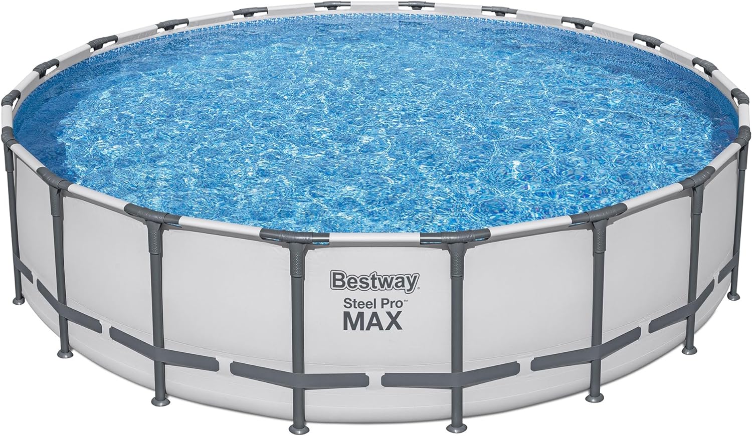 Bestway 20FT round above ground pool full set with ladder

Close-up of rust-resistant steel frame pool structure

Family swimming in Bestway Steel Pro MAX pool

Included pool ladder and pump equipment

Pool with top cover and summer backyard setting