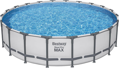 Bestway 20FT round above ground pool full set with ladder

Close-up of rust-resistant steel frame pool structure

Family swimming in Bestway Steel Pro MAX pool

Included pool ladder and pump equipment

Pool with top cover and summer backyard setting