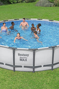 Bestway 20FT round above ground pool full set with ladder

Close-up of rust-resistant steel frame pool structure

Family swimming in Bestway Steel Pro MAX pool

Included pool ladder and pump equipment

Pool with top cover and summer backyard setting