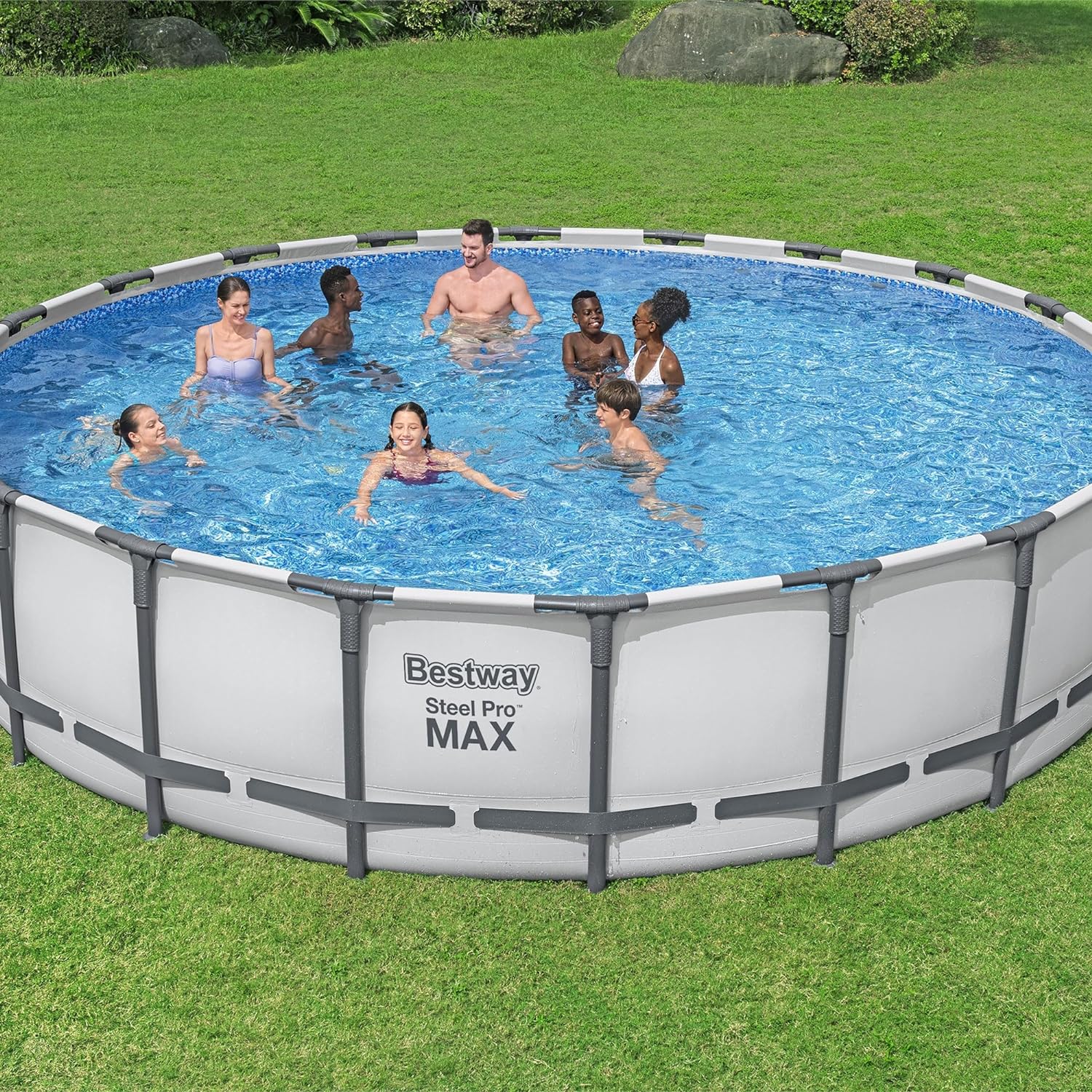 Bestway 20FT round above ground pool full set with ladder

Close-up of rust-resistant steel frame pool structure

Family swimming in Bestway Steel Pro MAX pool

Included pool ladder and pump equipment

Pool with top cover and summer backyard setting