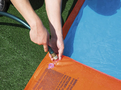 Kids racing on Bestway triple water slide

Three-lane orange slip and slide in backyard

Built-in sprinklers on Bestway water slide

Bestway Aqua Ramp start with splash effect

Inflatable water slide for kids and families