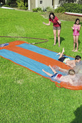 Kids racing on Bestway triple water slide

Three-lane orange slip and slide in backyard

Built-in sprinklers on Bestway water slide

Bestway Aqua Ramp start with splash effect

Inflatable water slide for kids and families