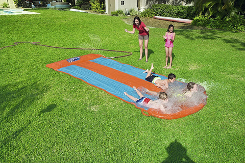 Kids racing on Bestway triple water slide

Three-lane orange slip and slide in backyard

Built-in sprinklers on Bestway water slide

Bestway Aqua Ramp start with splash effect

Inflatable water slide for kids and families