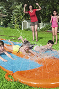Kids racing on Bestway triple water slide

Three-lane orange slip and slide in backyard

Built-in sprinklers on Bestway water slide

Bestway Aqua Ramp start with splash effect

Inflatable water slide for kids and families