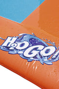 Kids racing on Bestway triple water slide

Three-lane orange slip and slide in backyard

Built-in sprinklers on Bestway water slide

Bestway Aqua Ramp start with splash effect

Inflatable water slide for kids and families