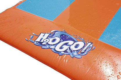 Kids racing on Bestway triple water slide

Three-lane orange slip and slide in backyard

Built-in sprinklers on Bestway water slide

Bestway Aqua Ramp start with splash effect

Inflatable water slide for kids and families
