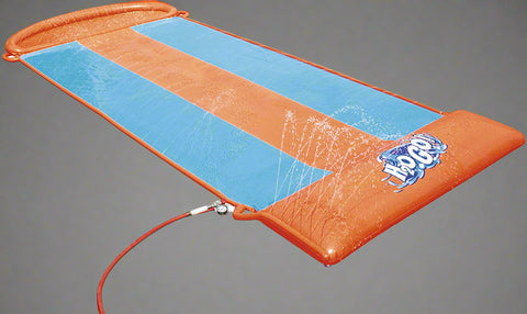 Kids racing on Bestway triple water slide

Three-lane orange slip and slide in backyard

Built-in sprinklers on Bestway water slide

Bestway Aqua Ramp start with splash effect

Inflatable water slide for kids and families