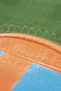 Kids racing on Bestway triple water slide

Three-lane orange slip and slide in backyard

Built-in sprinklers on Bestway water slide

Bestway Aqua Ramp start with splash effect

Inflatable water slide for kids and families