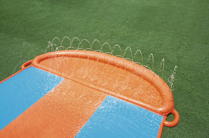 Kids racing on Bestway triple water slide

Three-lane orange slip and slide in backyard

Built-in sprinklers on Bestway water slide

Bestway Aqua Ramp start with splash effect

Inflatable water slide for kids and families