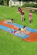 Kids racing on Bestway triple water slide

Three-lane orange slip and slide in backyard

Built-in sprinklers on Bestway water slide

Bestway Aqua Ramp start with splash effect

Inflatable water slide for kids and families