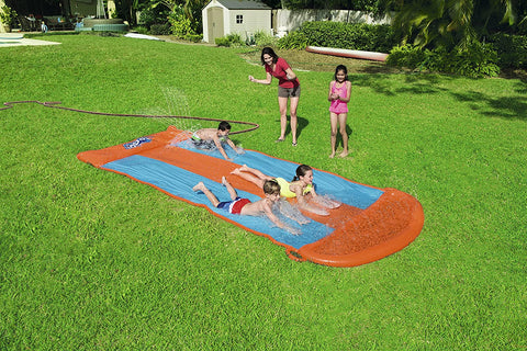 Kids racing on Bestway triple water slide

Three-lane orange slip and slide in backyard

Built-in sprinklers on Bestway water slide

Bestway Aqua Ramp start with splash effect

Inflatable water slide for kids and families