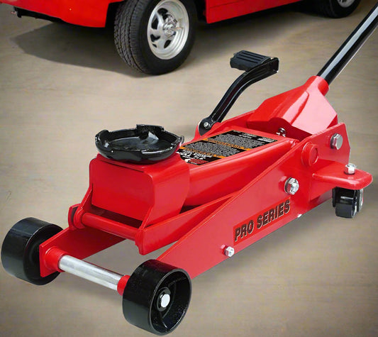 Big Red Steel Floor Jack – 2 Ton Hydraulic Lift Tool
Low Profile Red Garage Jack – Model T83502
Hydraulic Car Jack with Pedal and Casters
Heavy-Duty Vehicle Jack – Wide Base Support
Close-Up of Floor Jack Casters and Lifting Arm
