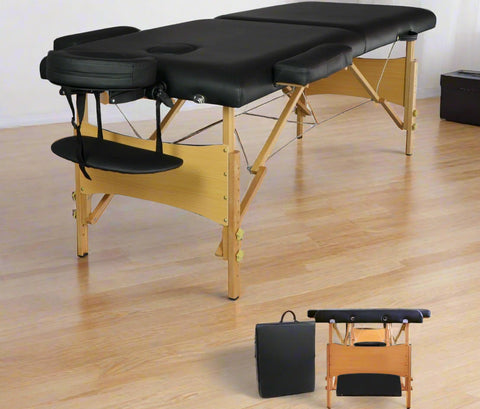 Black 2-Section 84 Inch Folding Wood Massage Table with PU Surface – Model MT84242 – Includes Carry Case