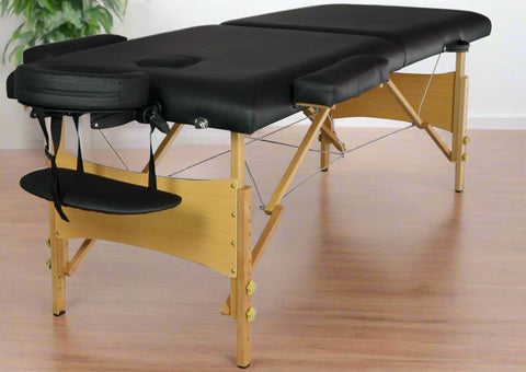 Black 2-Section 84 Inch Folding Wood Massage Table with PU Surface – Model MT84242 – Includes Carry Case