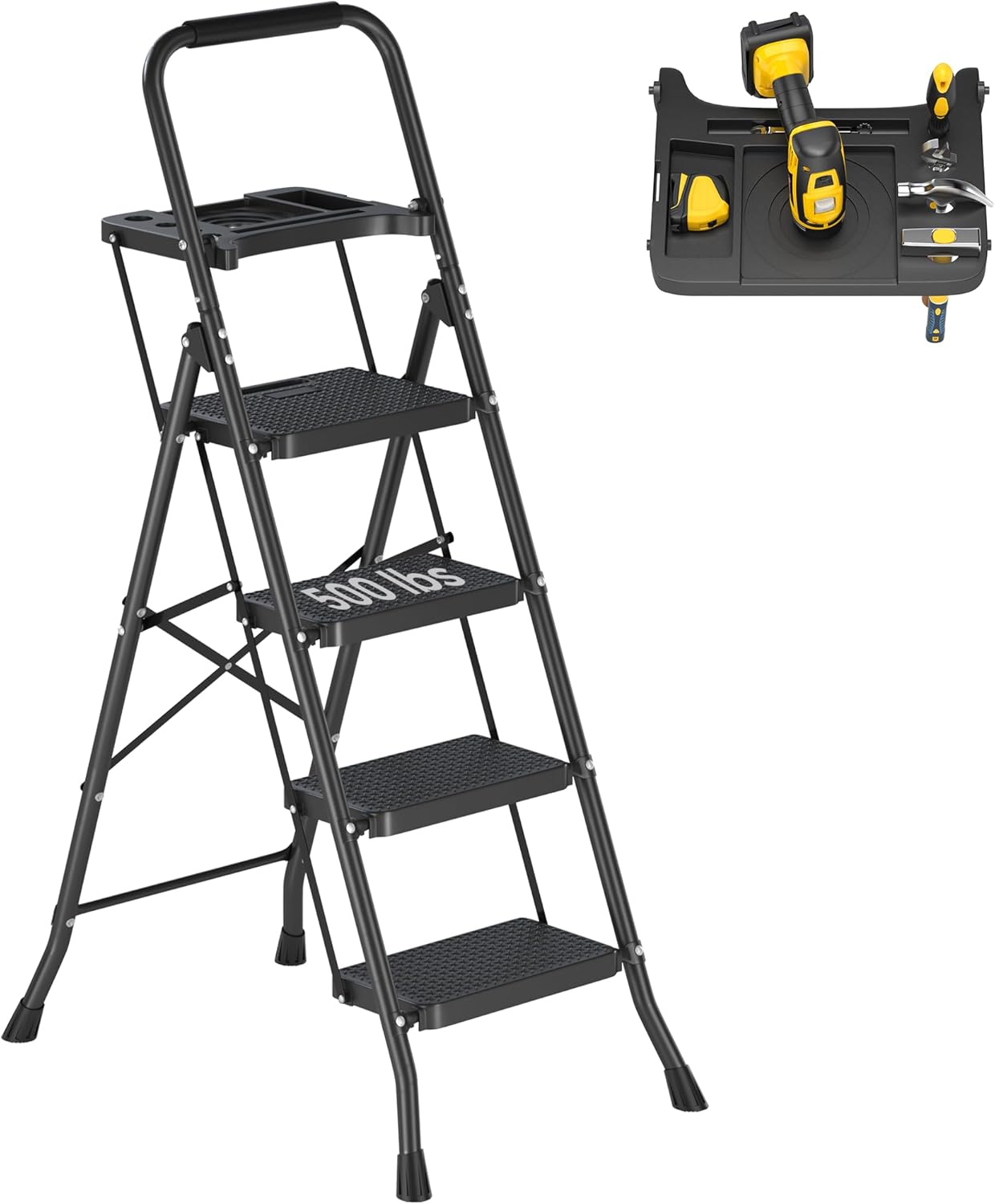 New Black 4 & 5 Step Ladder with Handrails – Heavy - Duty Steel with Tool Tray & Platform - with 5 - Step Ladder with Handrails & Tool Platform | Sold by Uncle Wiener's Wholesale