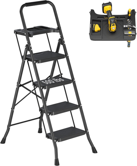 New Black 4 & 5 Step Ladder with Handrails – Heavy - Duty Steel with Tool Tray & Platform - with 4 - Step Ladder with Handrails & Tool Caddy | Sold by Uncle Wiener's Wholesale