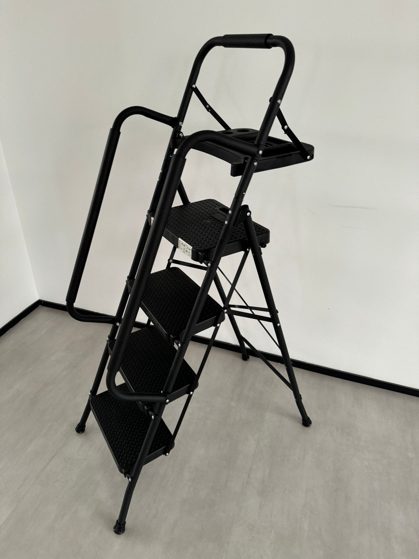 New Black 4 & 5 Step Ladder with Handrails – Heavy - Duty Steel with Tool Tray & Platform - with 4 - Step Ladder with Handrails & Tool Caddy | Sold by Uncle Wiener's Wholesale