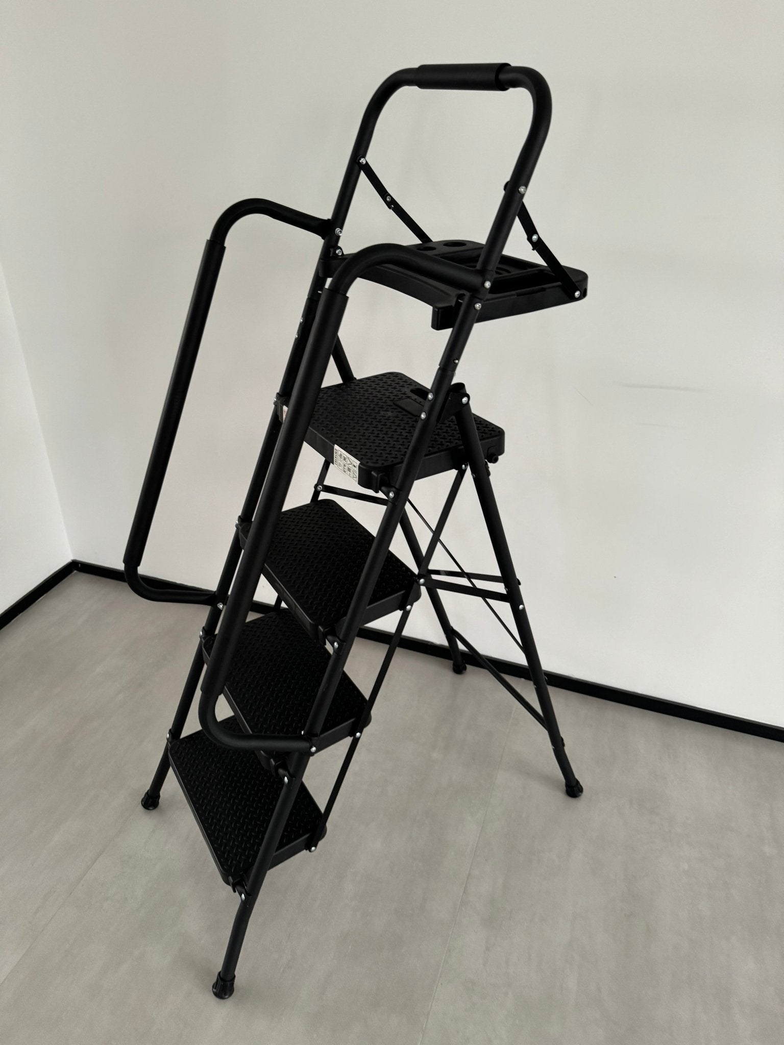 New Black 4 & 5 Step Ladder with Handrails – Heavy - Duty Steel with Tool Tray & Platform - with 4 - Step Ladder with Handrails & Tool Caddy | Sold by Uncle Wiener's Wholesale