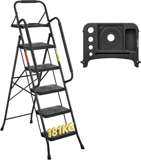 New Black 4 & 5 Step Ladder with Handrails – Heavy - Duty Steel with Tool Tray & Platform - with 4 - Step Ladder with Handrails & Tool Caddy | Sold by Uncle Wiener's Wholesale