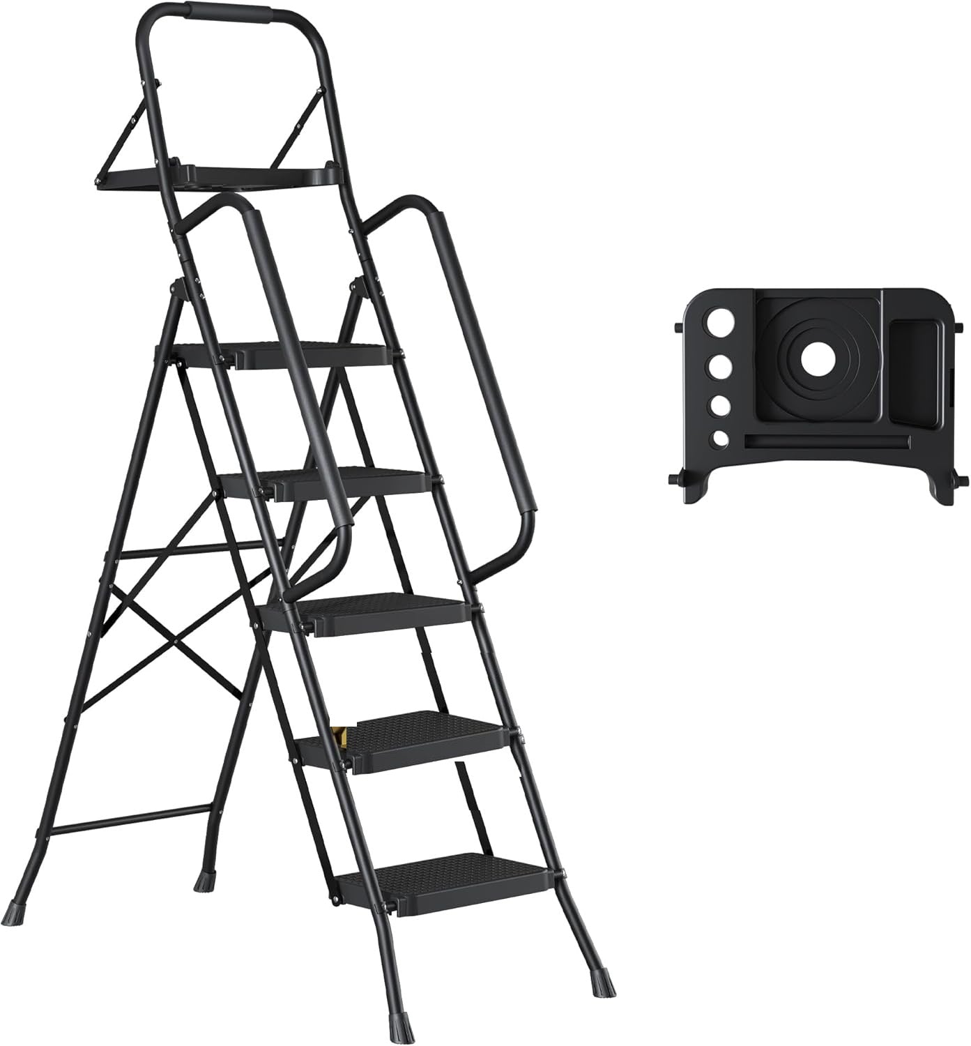 New Black 4 & 5 Step Ladder with Handrails – Heavy - Duty Steel with Tool Tray & Platform - with 4 - Step Ladder with Handrails & Tool Caddy | Sold by Uncle Wiener's Wholesale